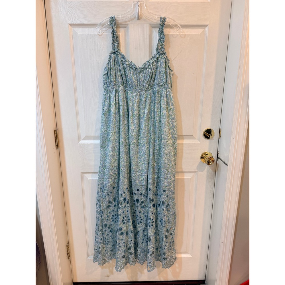 Anthropologie Blue Floral Eyelet Maxi Dress Smocked Back Ruffle Straps‎ Large